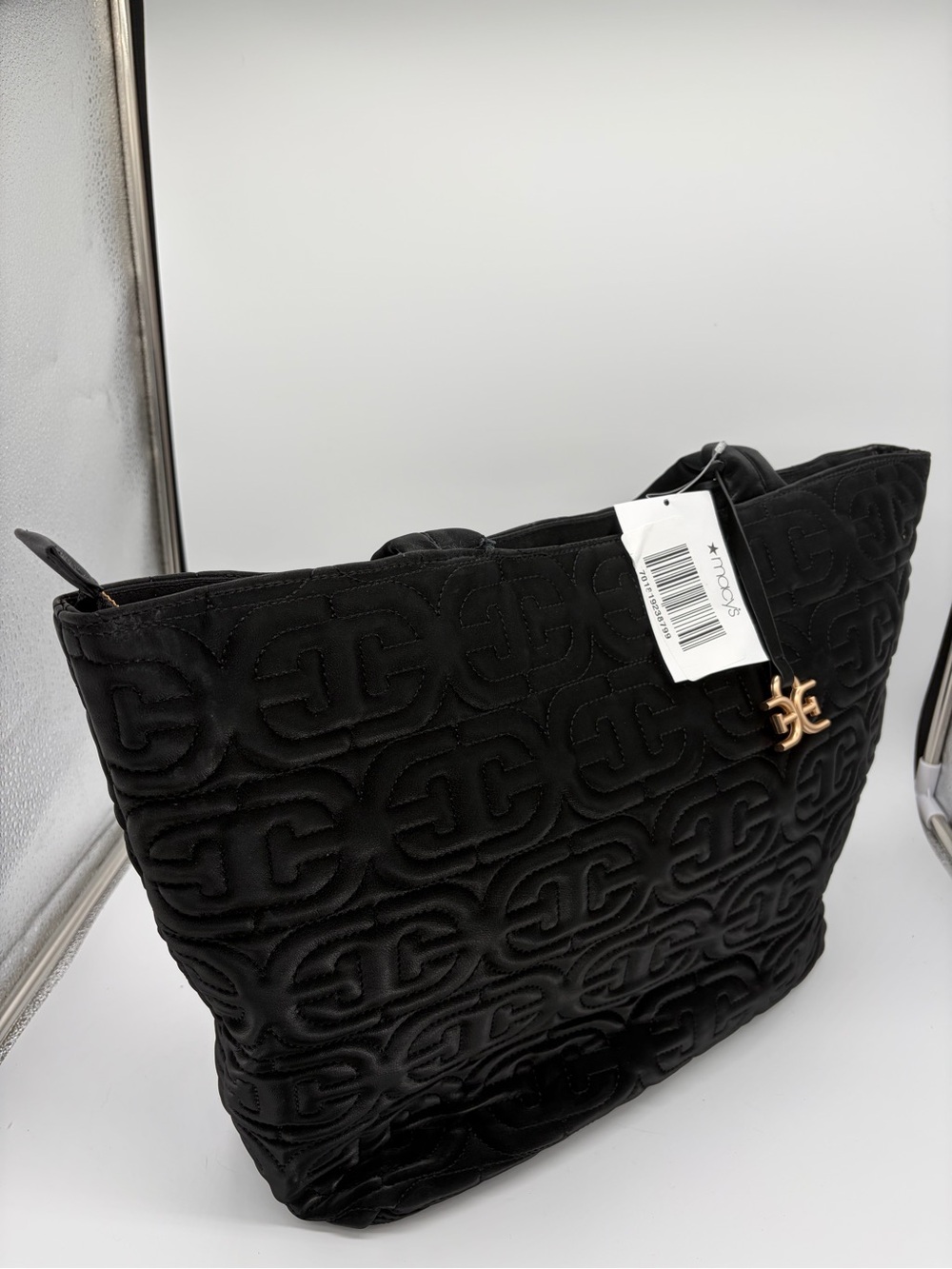 NWT Sam Edelman Ethyl Quilted Logo Top Zip East-West Tote Bag - Black